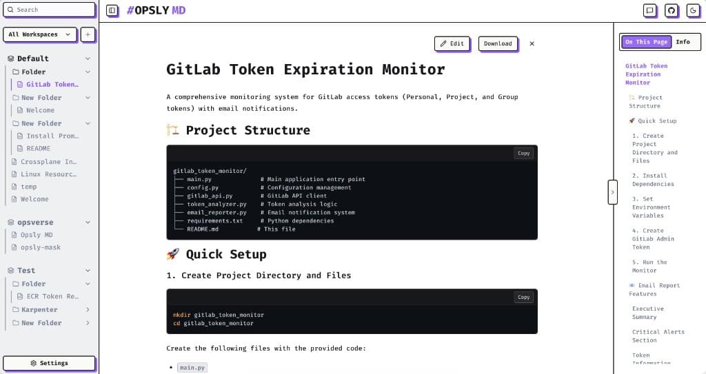 Opsly MD workspace with sidebar, document editor, and table of contents